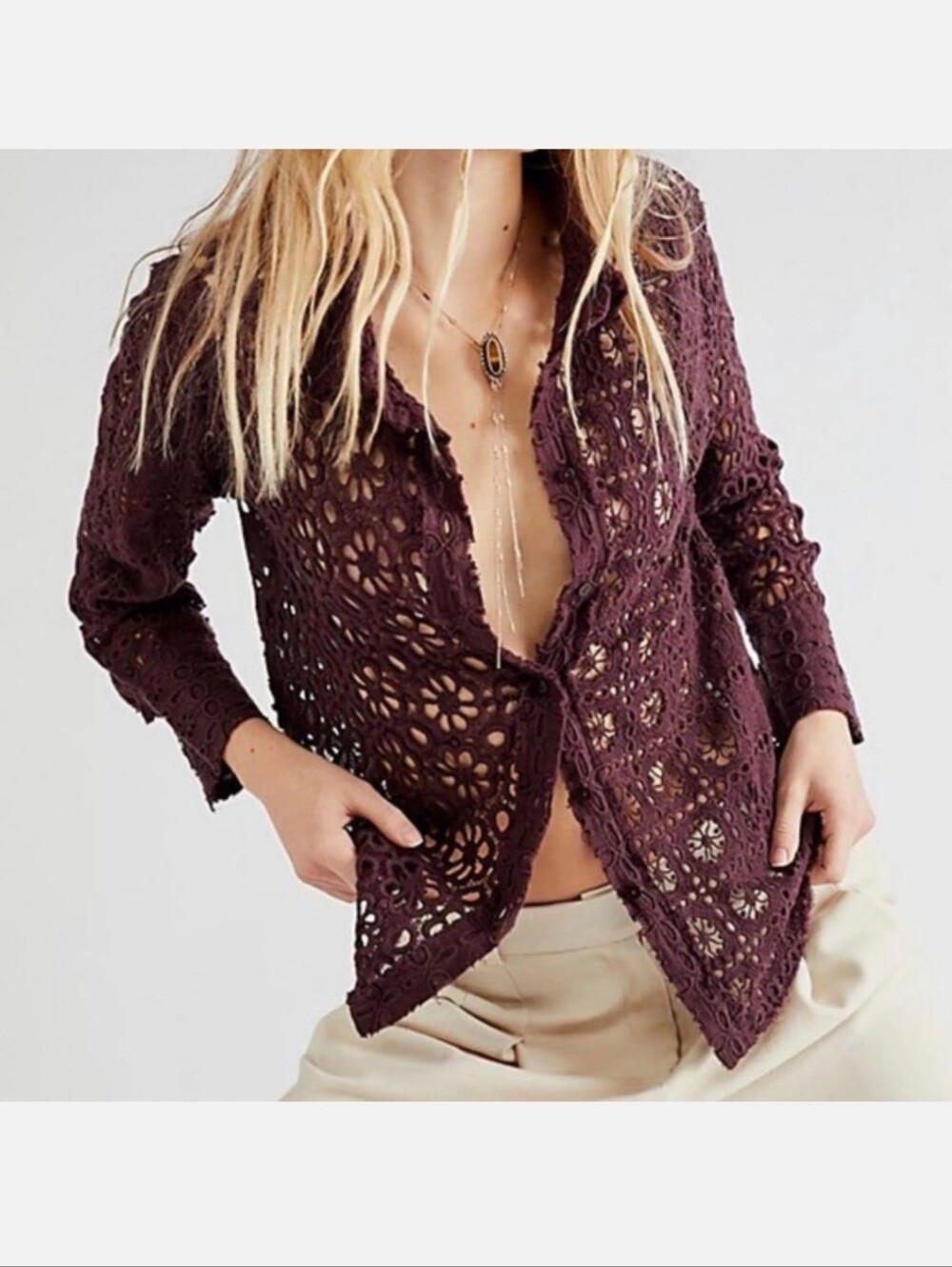 NWOT FP One Free People Yesenia Crochet Long Sleeve Blouse Top Size Medium